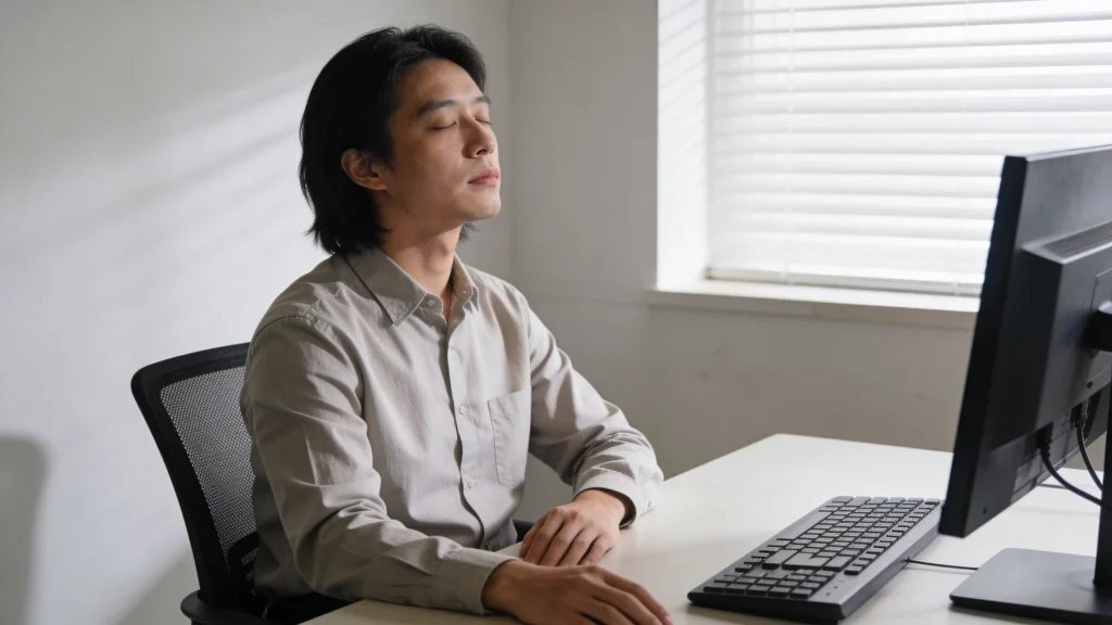 Man sitting upright at his desk with eyes closed, taking a calm breathing break during the workday.