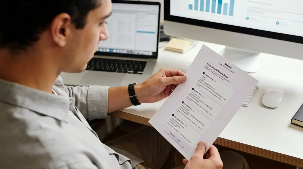 Office worker holding and reading a printed 3-minute desk reset guide at his desk beside a computer monitor.